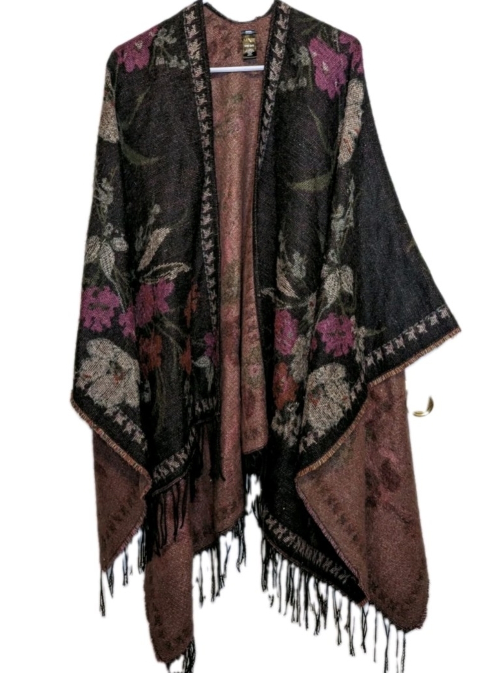 Mixit Tapestry Floral Knit Fringe Poncho Wrap Ruana Cardigan Shawl One Size